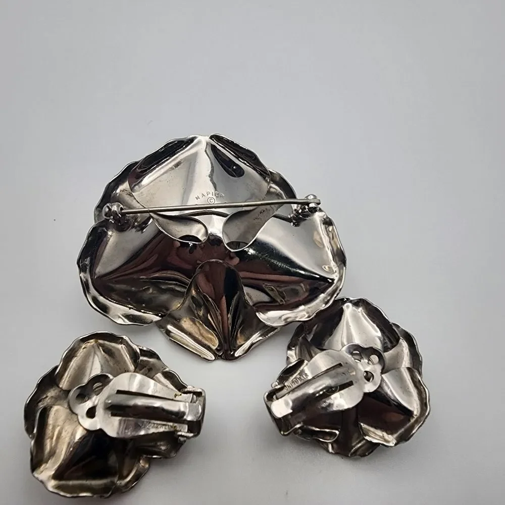 Vintage Napier Sterling Silver Flower Brooch & Clip-On Earrings Set
